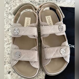 CHANEL Beige Quilted Suede Sandals with Silver CC Hardware NEW